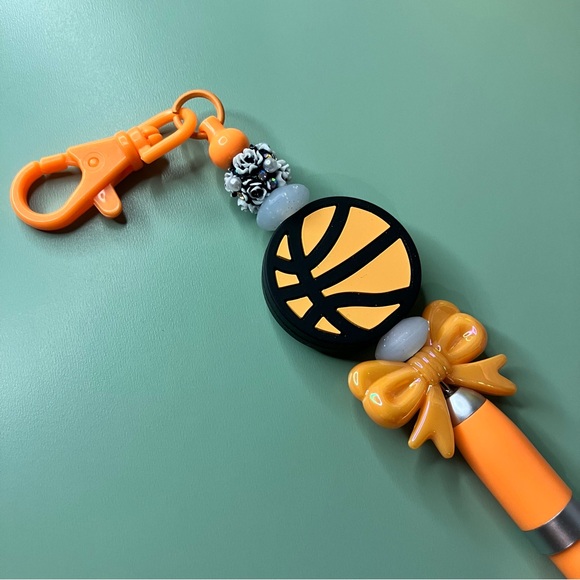 Orange Basketball Handmade Beaded Keychain Pen - Picture 3 of 7